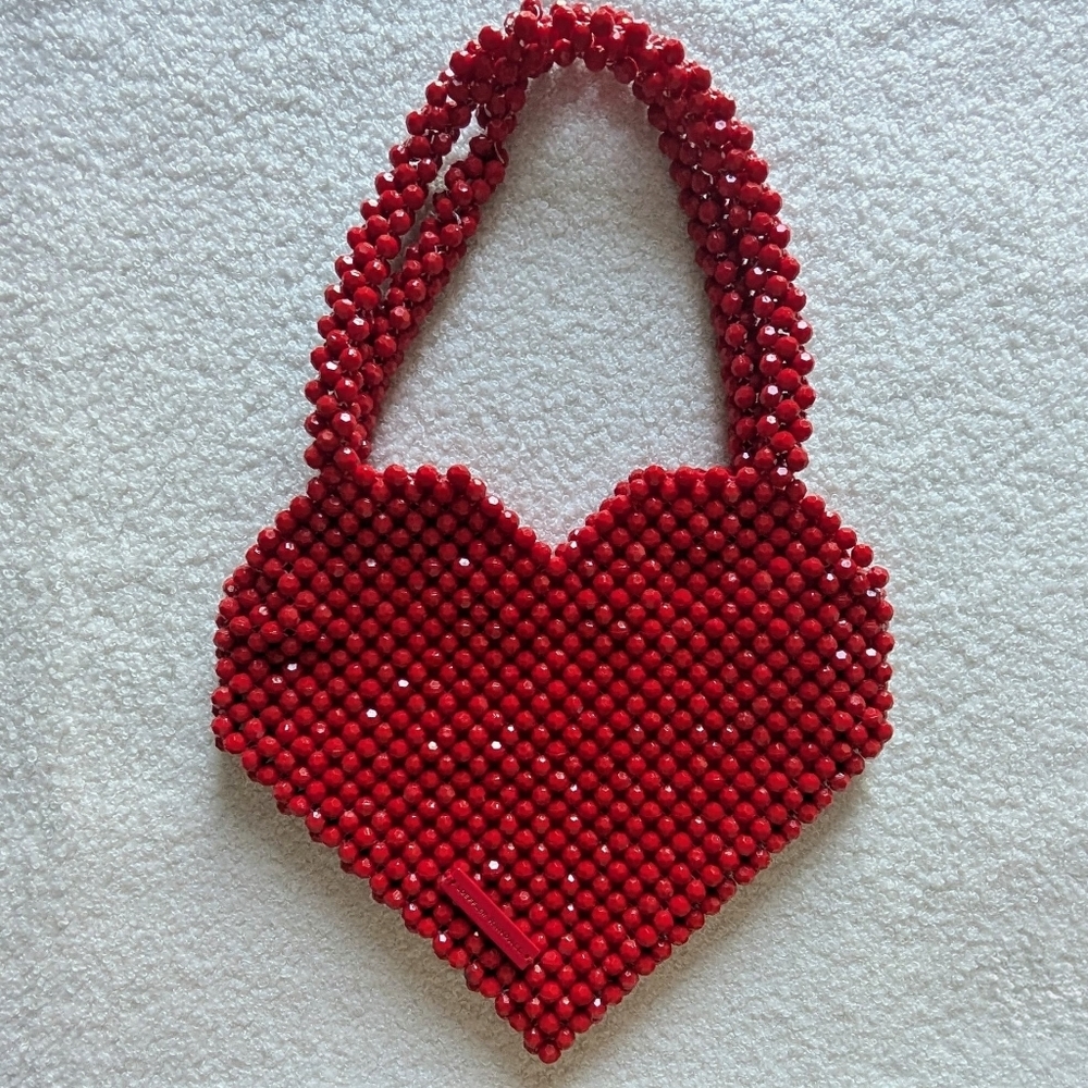Loeffler Randall Maria Red Beaded Heart-Shaped Handbag Fair Condition